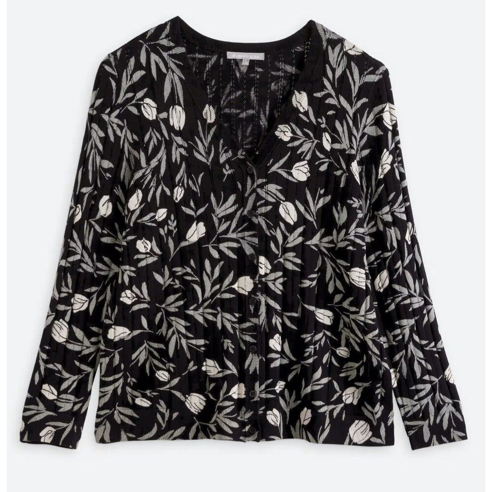 Daniel Rainn Cardigan Luisa Floral Black White Womens Size 1X Button Front